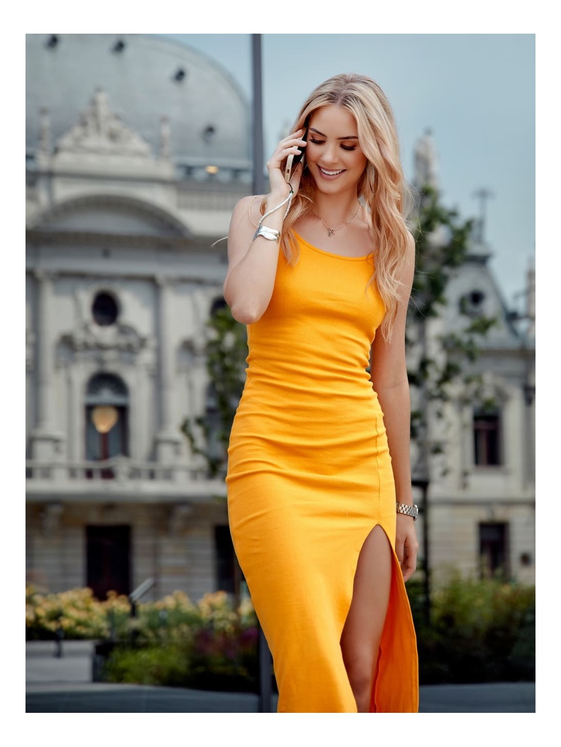 Rochie midi cu fanta, mustar FG667 - Magazin online - Boutique